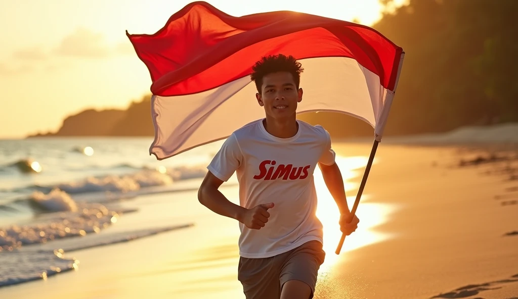 a young man wearing a t-shirt that reads 'SiMus', running on the beach, carrying a red and white Indonesian flag, beautiful detailed face, realistic, photorealistic, 8k, high quality, detailed lighting, dynamic pose, ocean waves, golden sand, sunset lighting, cinematic, vibrant colors, detailed texture, masterpiece