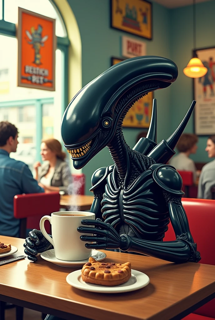 Xenomorph drinking coffee cartoon