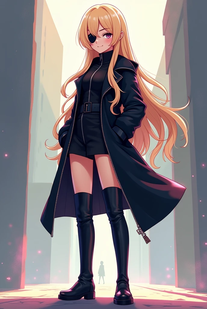 a cartoon image of a woman in boots, vector art by Ei-Q, pixiv, shin hanga, full_body!!, !!full body portrait!!, full body!!, anime moe artstyle, gapmoe yandere grimdark, full body!, anime vtuber full body model beige hair with an eyepatch black coat with front zipper closed, long hair cute