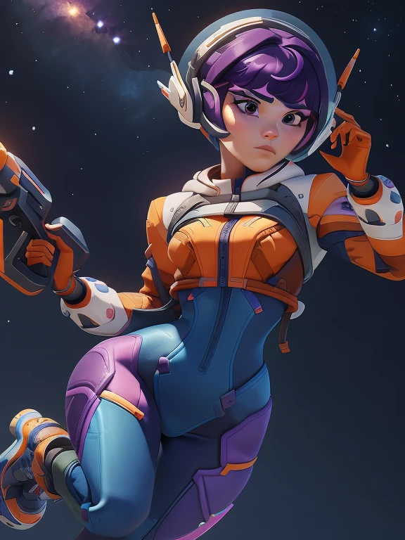 Juno_Overwatch_2, short hair, messy hair, purple hair, bangs, brown eyes, white headphones, orange cropped jacket, blue skintight bodysuit, white backpack, space ranger, blue and orange gloves, long eyelashes, cute face, orange and white space boots, outer space background, pink nebula's in the surroundings
