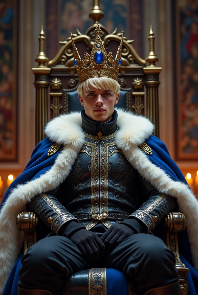 A young and handsome king from the North Kingdom, with short blonde hair and black raven eyes, wearing his blue, black and white with silver linings royal clothes with his golden crown that has a big sapphire stone in the middle while sitting on his throne inside his castle.