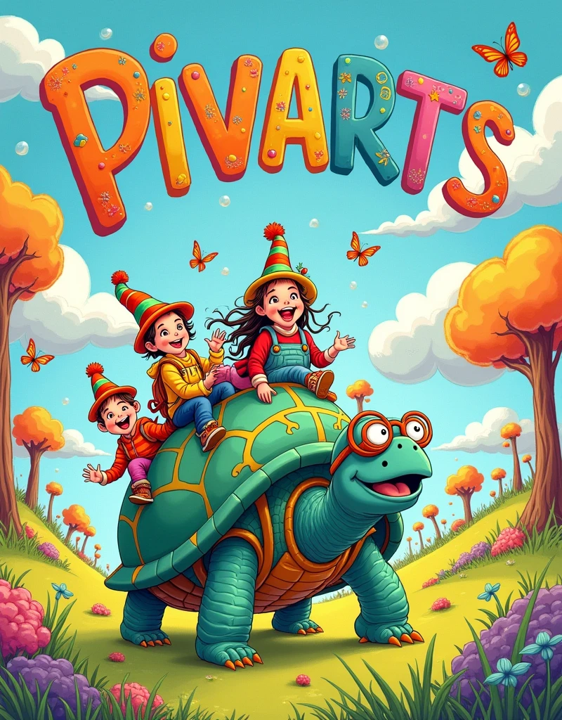 Whimsical illustration of turtle riders, featuring children or fantasy characters joyfully riding on the backs of giant turtles, vibrant colors, playful details, in the style of a children's book illustration by Dr. Seuss, with imaginative and humorous elements. Background text: “PIVARTS”.