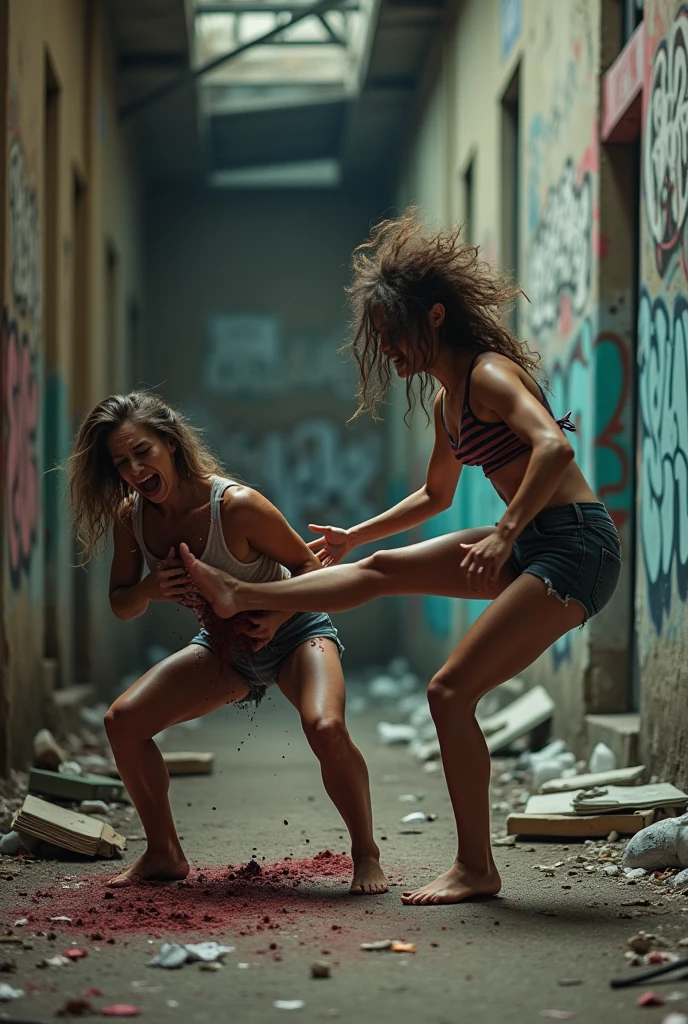 A woman vomiting while being kicked in the stomach by another girl, who is barefoot.