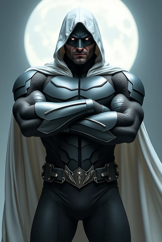 moon knight 3d, with arms crossed looking down, PNG without background