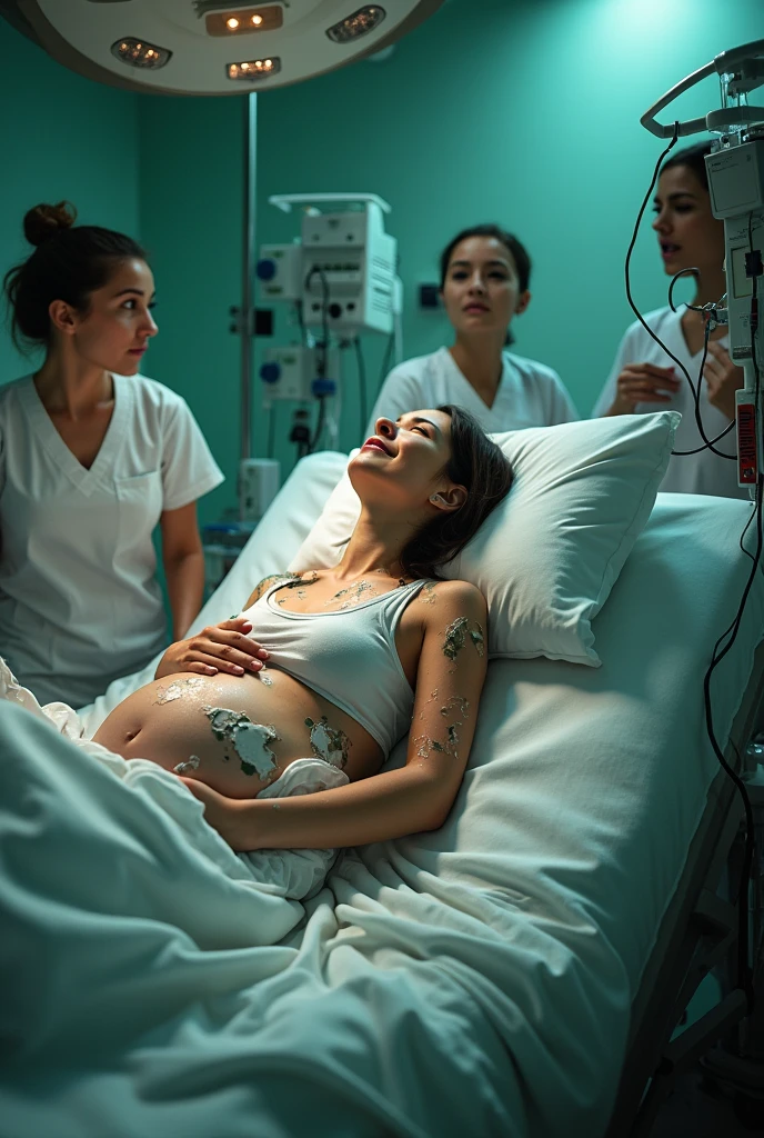 Heavily injured pregnant woman in a hospital 
