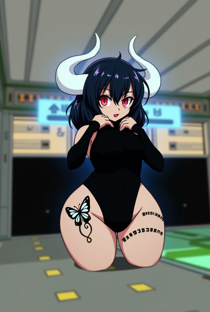 Anime mommy with black hair y2k Tied up and messy in the front and white horns and sexy bodysuit, with red eyes And a naughty face, Put a large black butterfly tattoo on one thigh and Japanese letters on the other, put elbow-length gloves on both arms