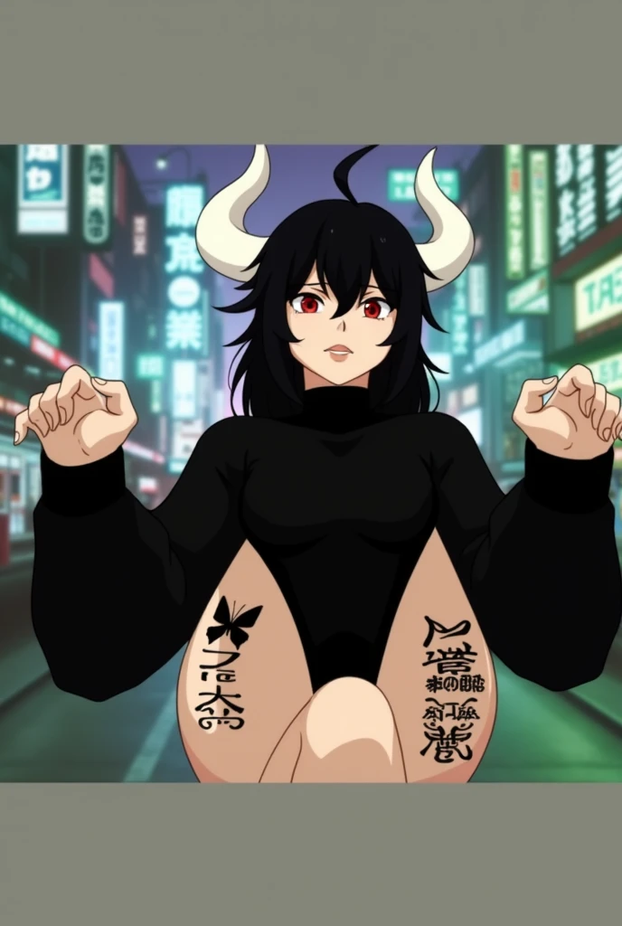 Anime mommy with black hair y2k Tied up and messy in the front and white horns and sexy bodysuit, with red eyes And a naughty face, Put a large black butterfly tattoo on one thigh and Japanese letters on the other, put elbow-length gloves on both arms 