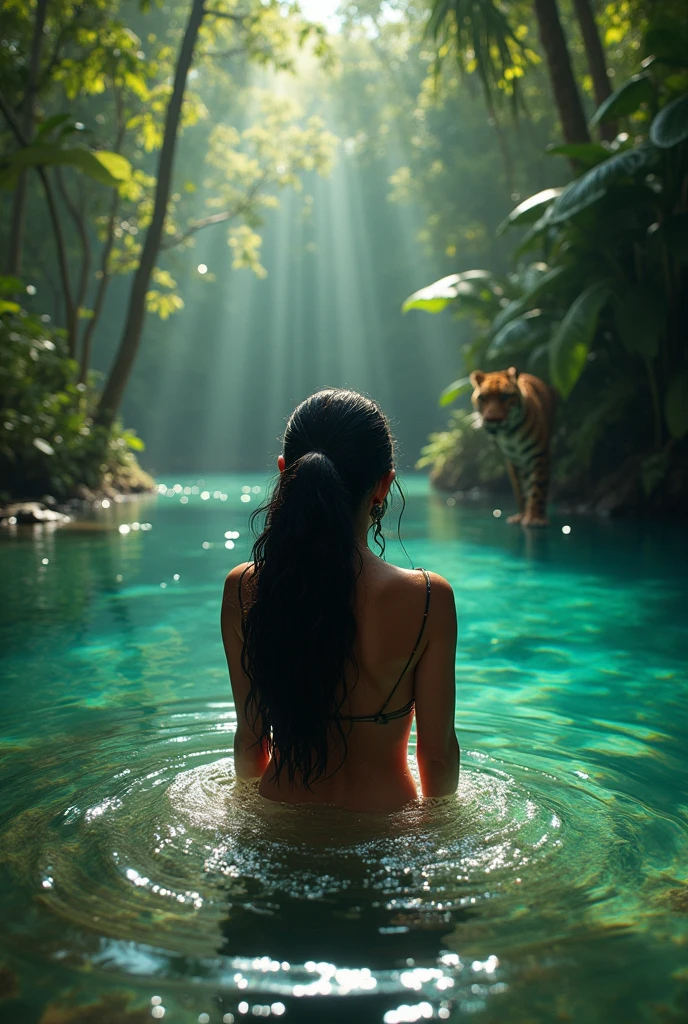 Maozonian indigenous girl, 18-year-old, Bathing in the river, In the middle of the forest, Jaguar watching from a distance, sad, Clockpunk, Gamer Core, Street Level View, Blender Rendering, 100mm, Sculpture, Rainbow colors, Medical Core, Strobe lighting, Ultra-realistic, Realistic, Octane Rendering, Unreal Engine, Super detailed, Volumetric lighting, High resolution, Octane Rendering, Fantasy 4K 8K