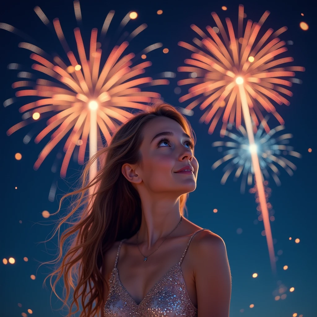Many fireworks in eyes of young lady at night