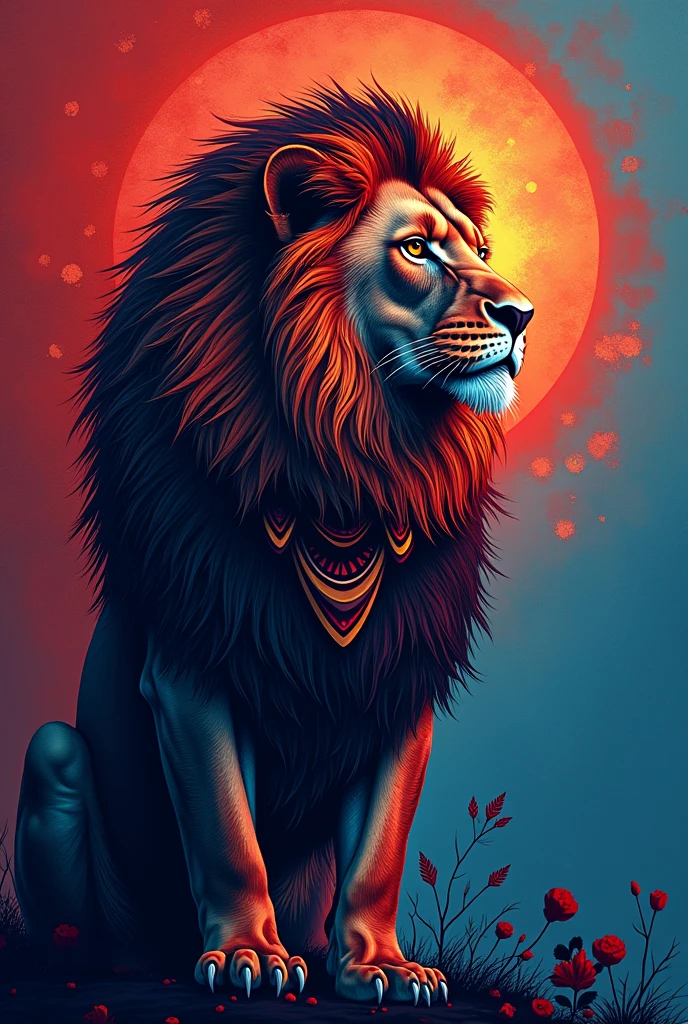 Tribal lion with a red and blue gradient background
