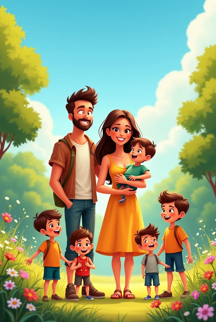 Family of 7, Husband, wife, three sons, one girl, one baby, nature, cartoon