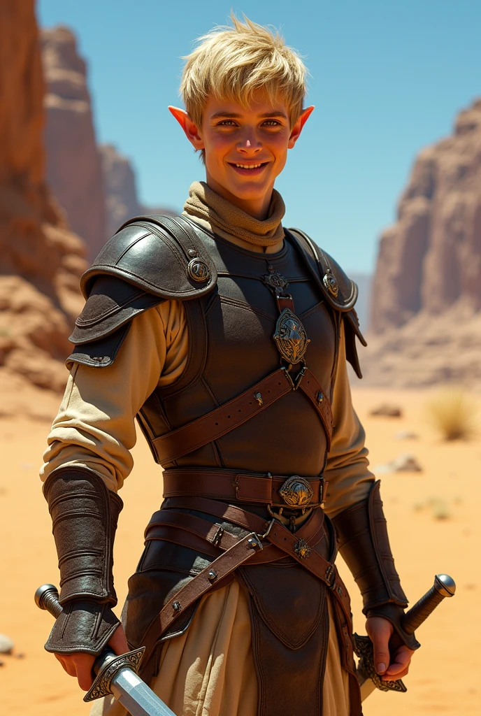 Elf Man , short blonde hair, smiling, wearing a leather armor and medieval clothing, wielding daggers, in a desert, best qualityer, high fantasy.