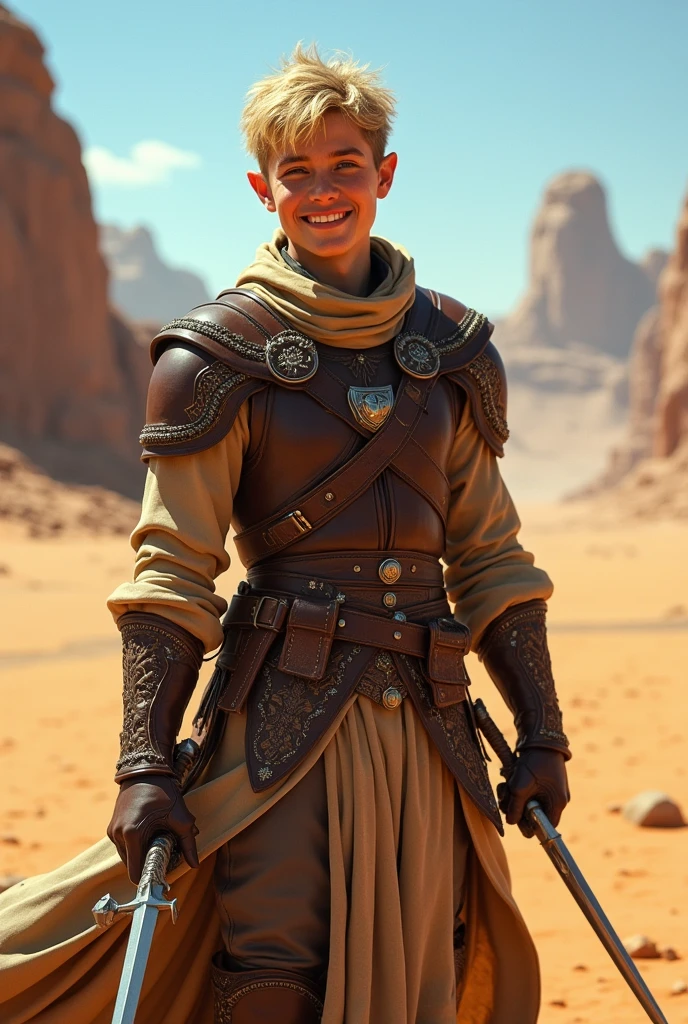 Elf Man , short blonde hair, smiling, wearing a leather armor and medieval clothing, wielding daggers, in a desert, best qualityer, high fantasy.