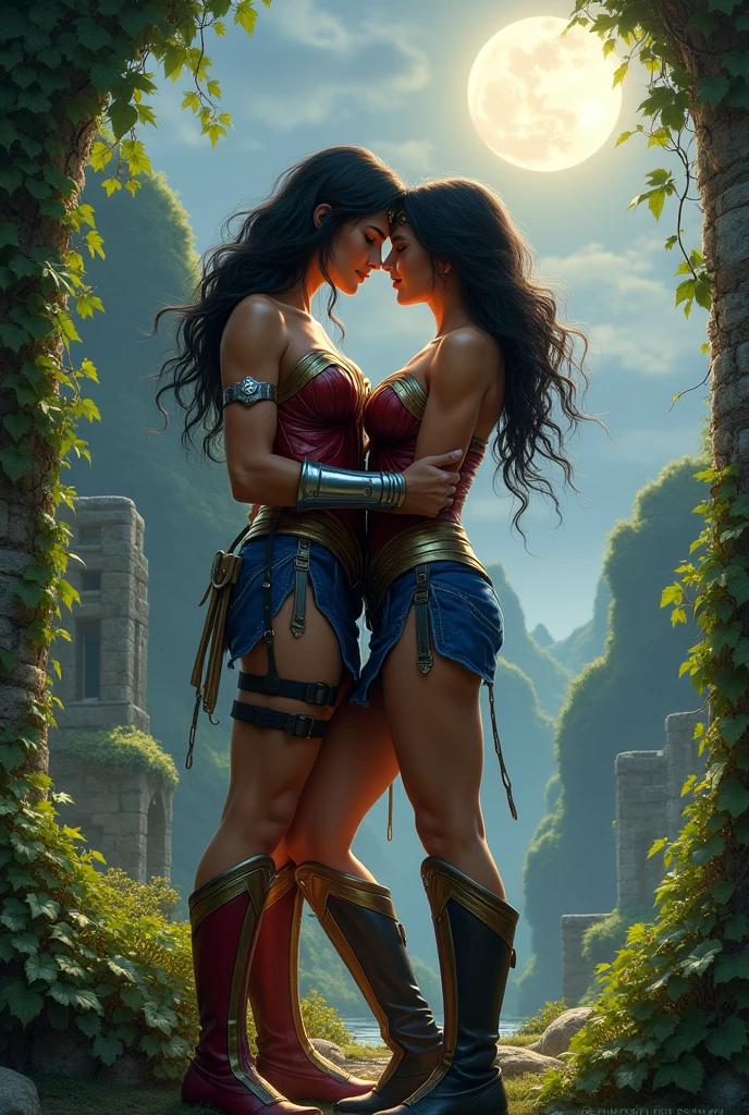 Wonder woman lesbian rubbing tribbing with lara croft spread legging