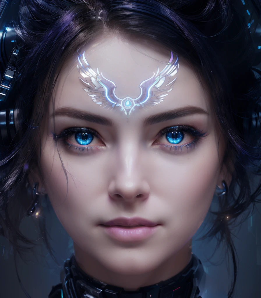 cyberpunk replicant woman, female robot, 1 girl, glowing hologram diadem, glowing light blue eyes, cybernetic robot pupils, glowing eyes, cinematic, sci-fi style, mecha, ultra-detailed, 8k, HDR, physically-based rendering, vivid colors, dramatic lighting, dramatic shadows, high contrast, moody, chiaroscuro, neon lights, blue and purple color palette, chrome, metallic, futuristic, intricate details, mechanical elements, complex machinery, advanced technology, digital art, concept art