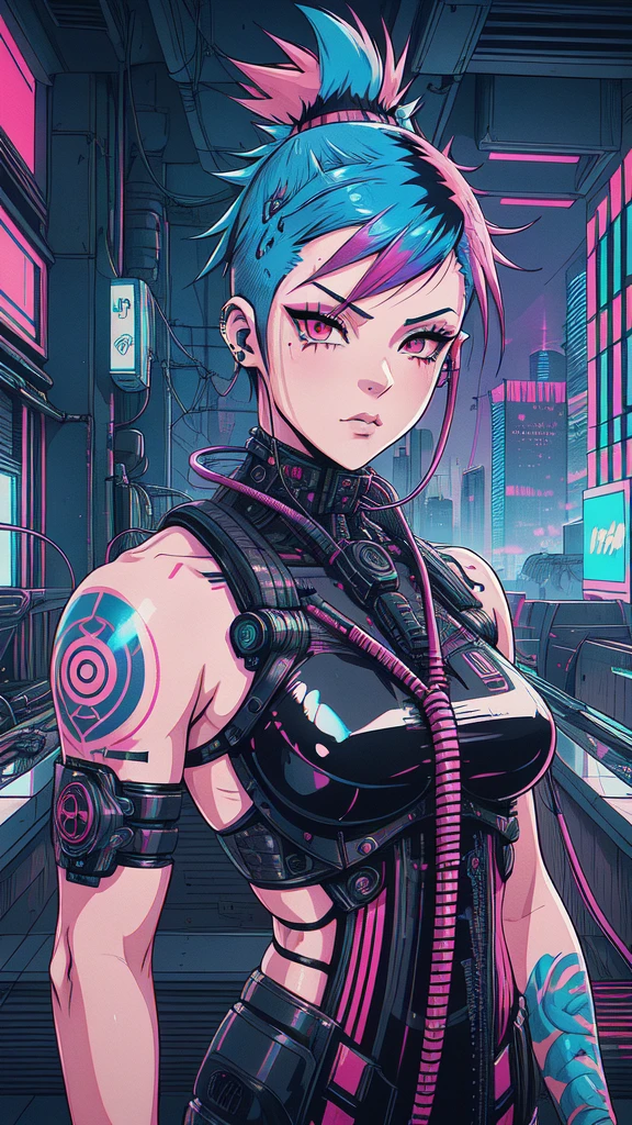 Virtual Realism, A girl with short multicolored pink teal and blue hair faux hawk style, red eyes, outdoors, cyberpunk city, she has shaved hair, mohawk style","wallpaper, 1boy, solo, male focus, tattoo, monochrome, cyberpunk, (chromatic aberration), detailed background, mechanical parts, cable, indoors