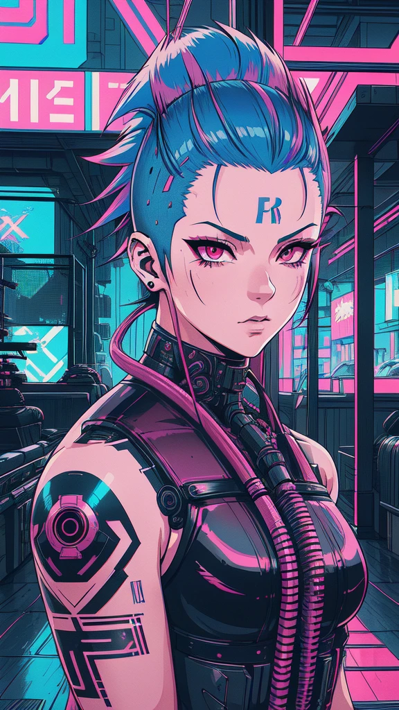 Virtual Realism, A girl with short multicolored pink teal and blue hair faux hawk style, red eyes, outdoors, cyberpunk city, she has shaved hair, mohawk style","wallpaper, 1boy, solo, male focus, tattoo, monochrome, cyberpunk, (chromatic aberration), detailed background, mechanical parts, cable, indoors