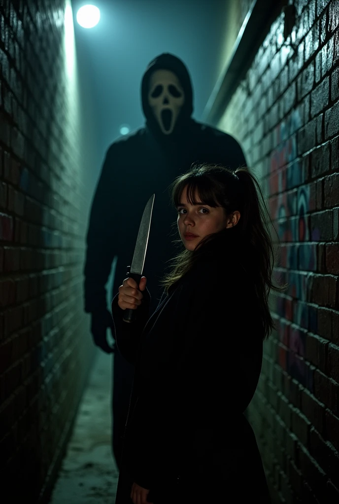 A brunette girl, half hidden in the darkness, with a knife in front of her face, shadowed by Ghostface. 