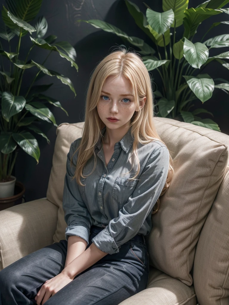 Blonde girl, long hair, dark grey button-down shirt, dark pants, sitting, elbow resting on knee and hand touching chin, looking at viewer, intelligent look, (comfortable couch, plush cushions, cozy design, elegant upholstery, relaxed atmosphere, plantation decor, lush greenery, houseplants, vibrant foliage, stylish background, warm and inviting atmosphere - 0.8), (((((Real Life Image)))))