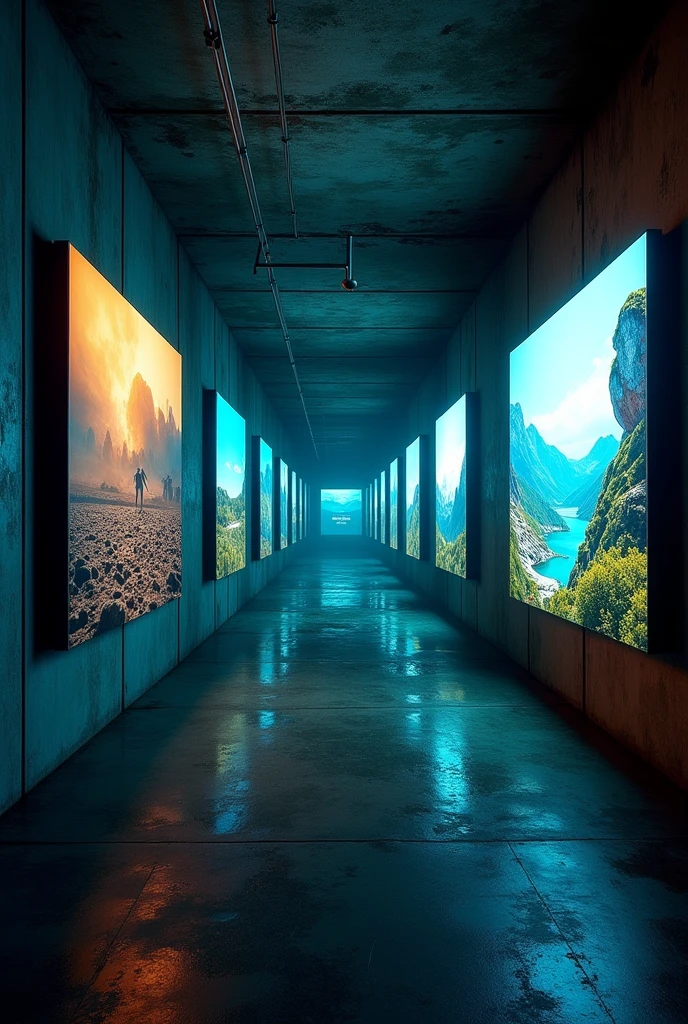 AN EMPTY SPACE of a BUNKER, where controlled screens by an artificial intelligence stand out. On these screens, you see deferred ideas, on one, you see how the earth is destroyed by climate change and on the other, you see the rebirth of paradise.