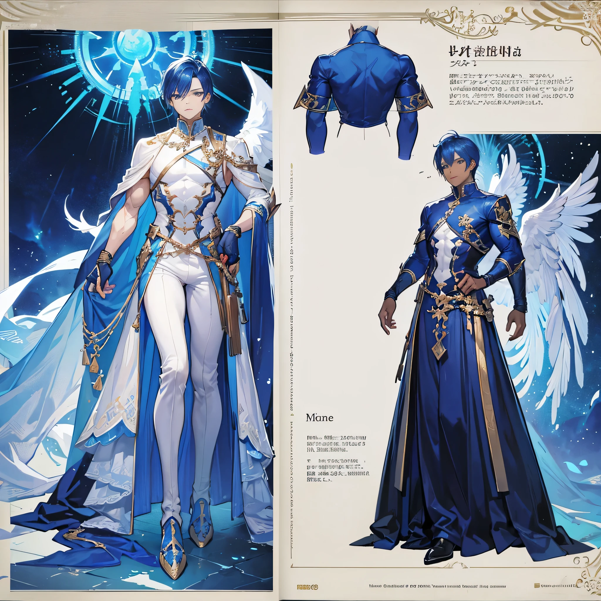 (Masterpiece, best quality), detailed, 1 man, ((character concept art)), ((character design sheet, same character, front, side, back)), full body, body complete, 1 Male angel, 1 Man angel, Detailed face, character design sheet,full bodyesbian, Highly detailed, character sheet, character design, Many parts, dark skin, angel wings, short blue hair, angel outfit, muscle male god, male clothes, masculine, muscle man, male muscle, manly, male angel, Muscle male with short blue hair,beautiful man, beautiful muscle man