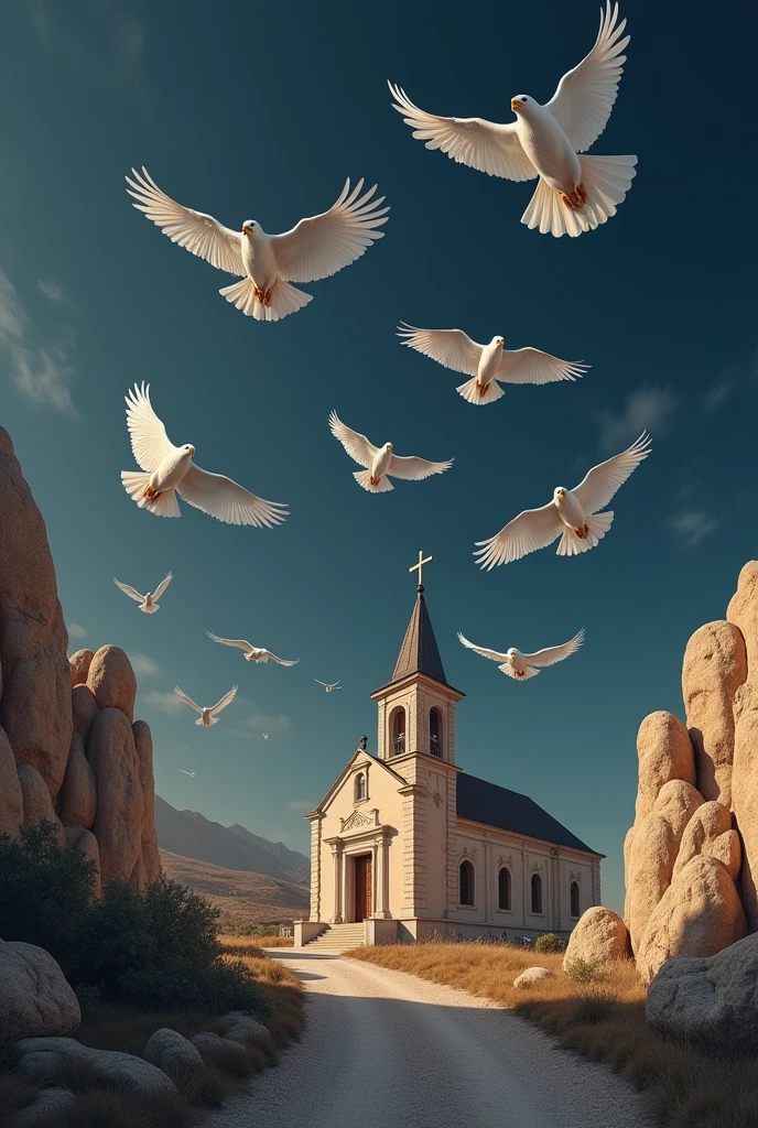 Make the image of nine white eagles flying over a dark blue sky with large beige stones and a church in the background, In the sky, place an image of Jesus on the cross, medium size 