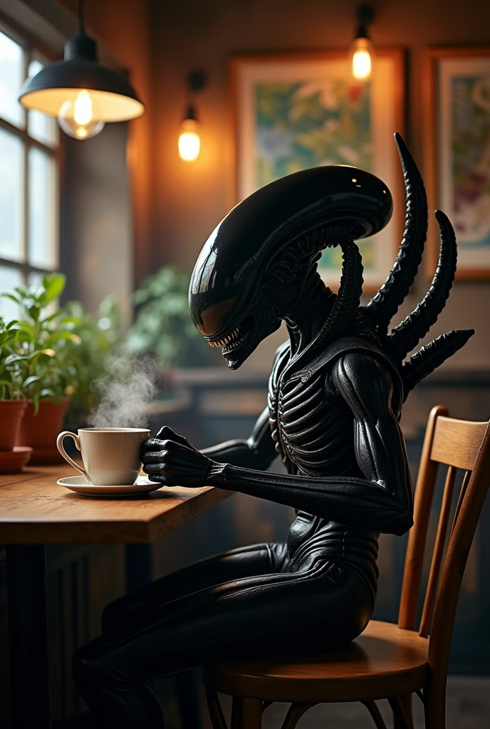 Xenomorph drinking coffee
