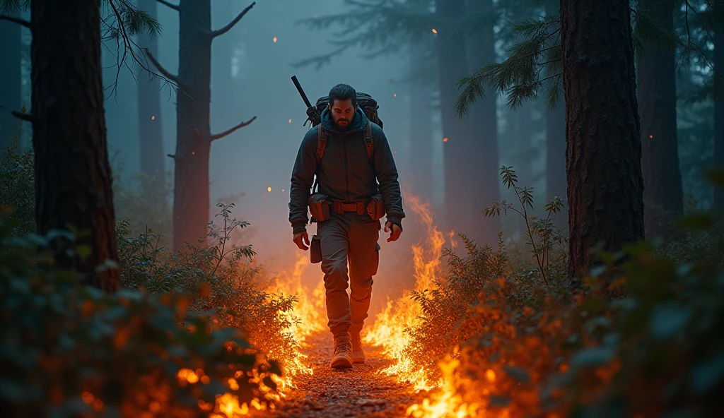 A close-up of a blazing trail in a dense forest, with a figure (Aries) leading the way, cutting through the undergrowth. The scene captures the essence of pioneering and exploration, with the trail vividly lit and the forest dark and mysterious. --ar 16:9
