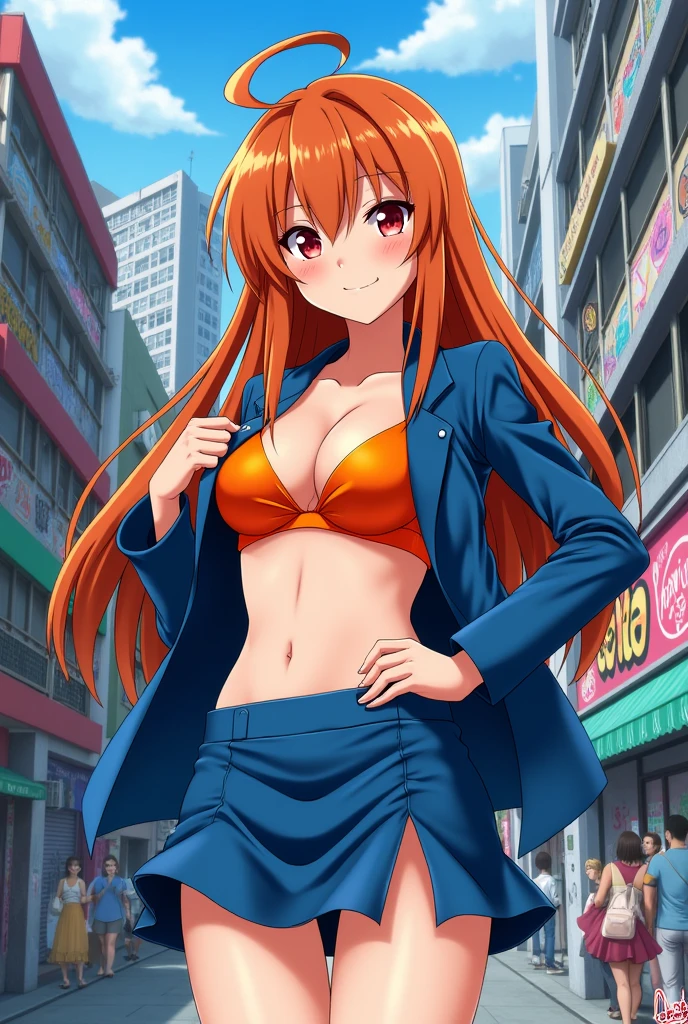 Nobara Kugisaki, orange brown hair,orange bra, skirt short,blue suit, anime image.