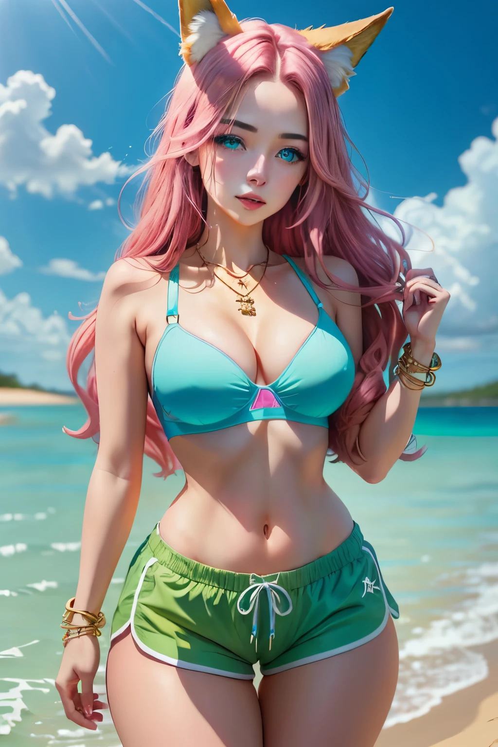 a girl, pretty long hair ,pink  hair, blue color inner hair, fox ears, Shorts, blue and green bra, camel toe, turquoise blue eyes, with a golden bracelet, a pink jewel necklace, em uma praia, high resolution, super detaill, 8k, Overview
