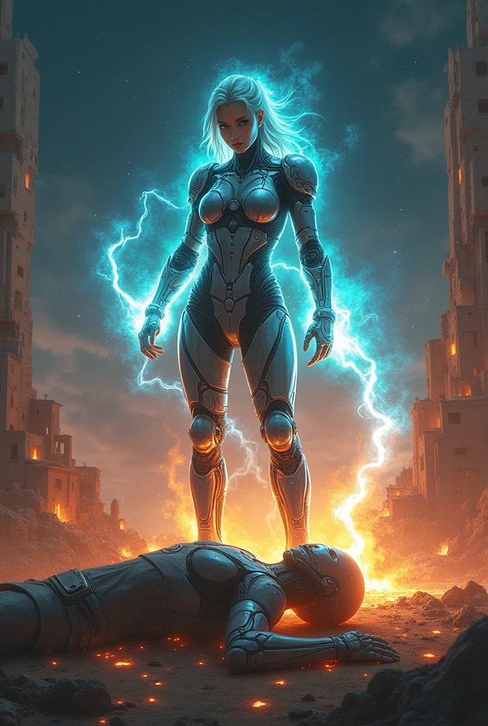 Post-apocalyptic warrior, women, clad in cybernetic armor, radiating light and infinite power, He forms an energy whip that emanates from his hands, prostrate over the defeated galactic enemy