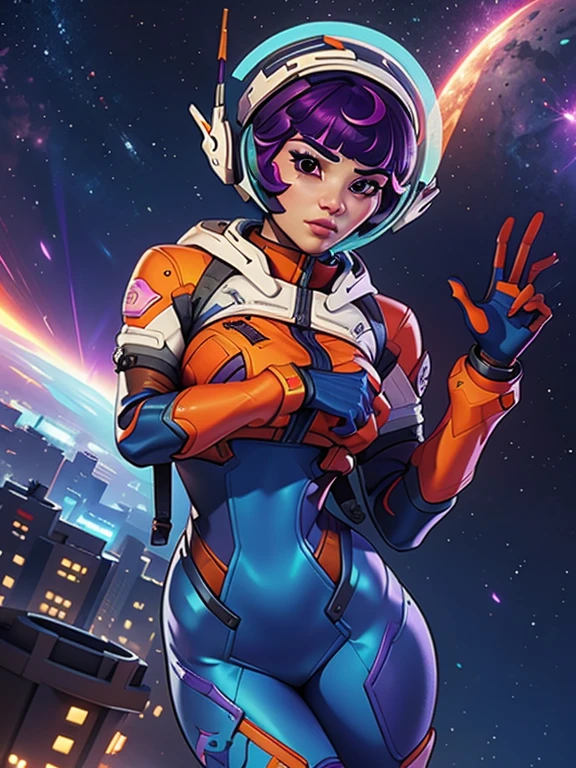 Juno_Overwatch_2, short hair, messy hair, purple hair, bangs, brown eyes, white headphones, orange cropped jacket, blue skintight bodysuit, white backpack, space ranger, blue and orange gloves, long eyelashes, cute face, orange and white space boots, outer space background, pink nebula's in the surroundings
