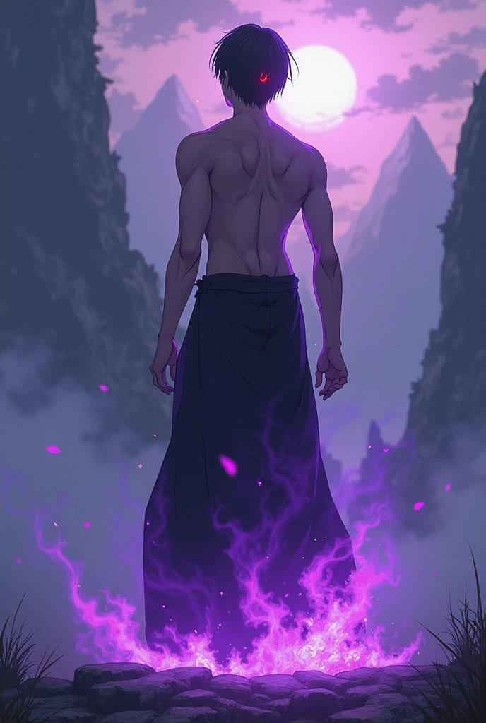 Tall, muscular 18-year-old boy, with black and straight hair, a gaze full of anguish, Purple aura with one black eye and red pupil, with shoto todoroki's design.