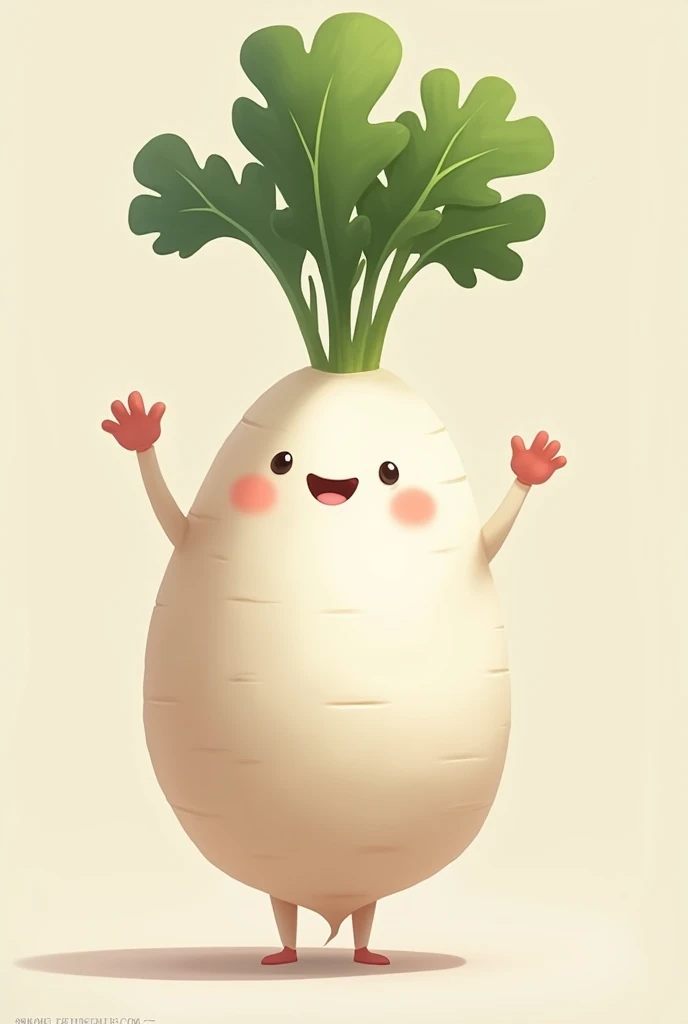 concept art, best quality, 손을 흔드는 expressionless한 뚱뚱한 의인화된 white radish, looking at viewer, expressionless, Dynamic configuration, Illustration, no background, Profile picture