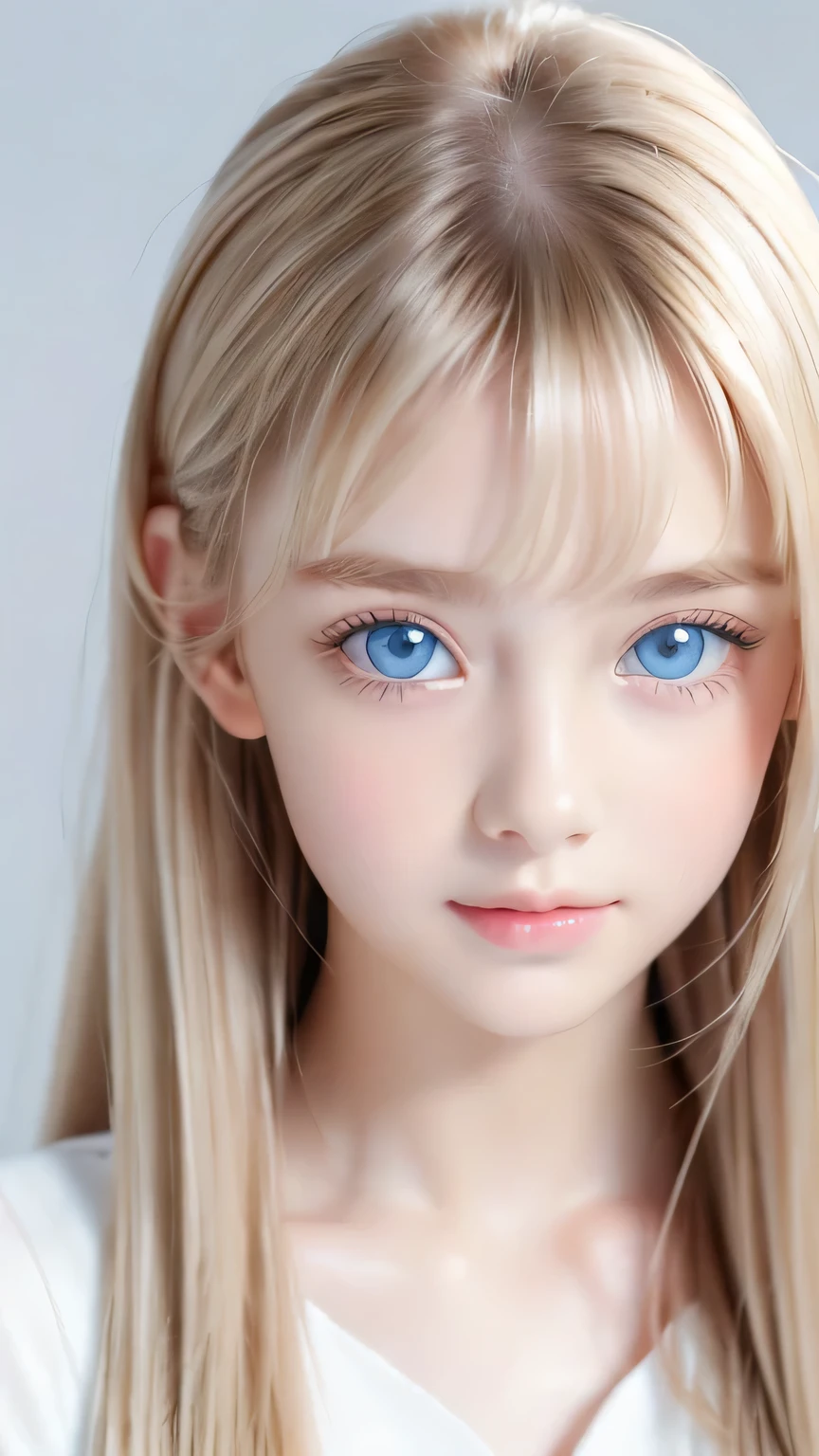 Portrait、、bright look、ponytail、bangs between eyes、bangs on the face、Young, shiny, white, glossy skin、gross face、cheek gloss highlight、best beauty、blonde reflection、Platinum blonde hair with dazzling highlights、shiny bright hair,、super long silky straight hair、Shining beautiful bangs、Attractive, beautifully shining, very bright, light blue eyes、very big eyes、Very beautiful nice cute 15 year old beautiful girl、rich bust、small face beauty、