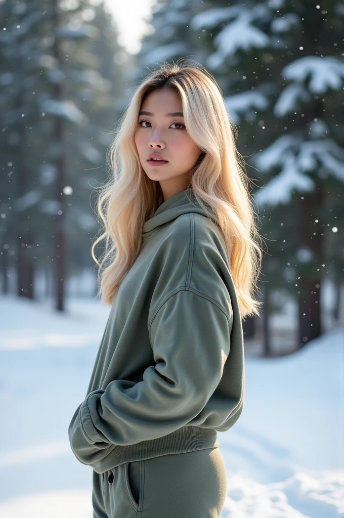 A young stunning Asian woman with blonde hair, nipples clearly in sight, wearing sweatpants and against a snowy winter backdrop.