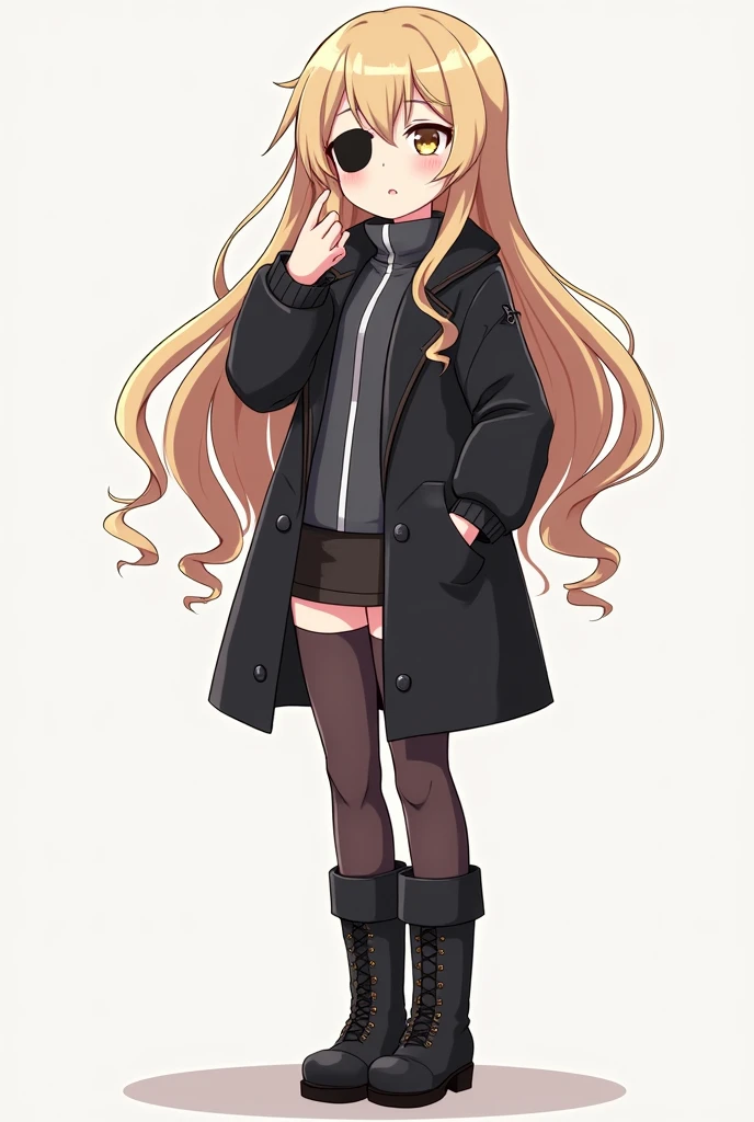 a cartoon image of a woman in boots, vector art by Ei-Q, pixiv, shin hanga, full_body!!, !!full body portrait!!, full body!!, anime moe artstyle, gapmoe yandere grimdark, full body!, anime vtuber full body model　beige hair with an eyepatch 　black coat with front zipper closed, long hair　　cute