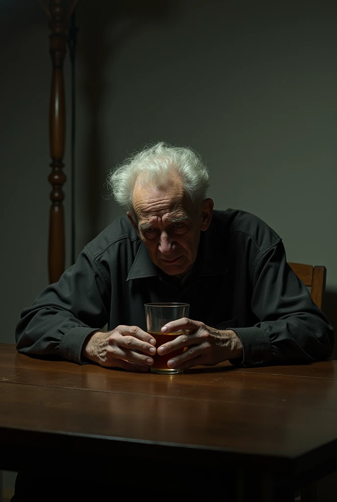 sad old man depressed with white skin and white Curly hair and his hands on an empty wooden table with drink in one hand
