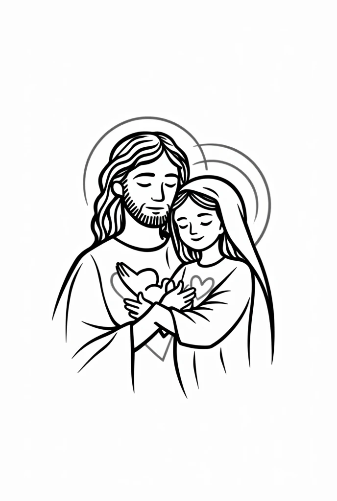 Logo drawn with more graphic lines for black and white painting of Jesus and Mary for a children's choir called "Sacred Hearts of Jesus and Mary"