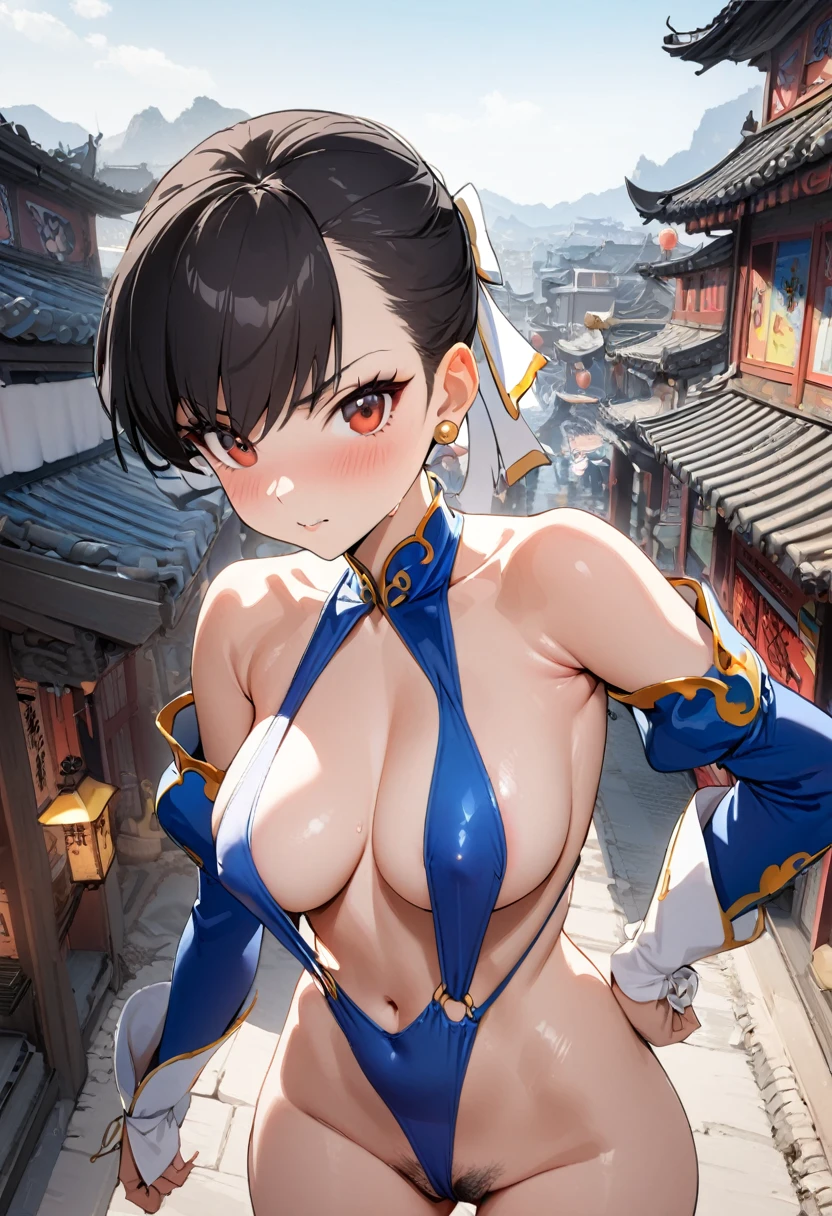 1girl, chun-li, street fighter,black hair,fighter,chinese sleeve,chinese shoulder,slingshot swimsuit,string swimsuit:1.5,impossible swimsuit,cameltoe,pubic hair,chinese town,outdoor,masterpiece, best quality, absurdres,