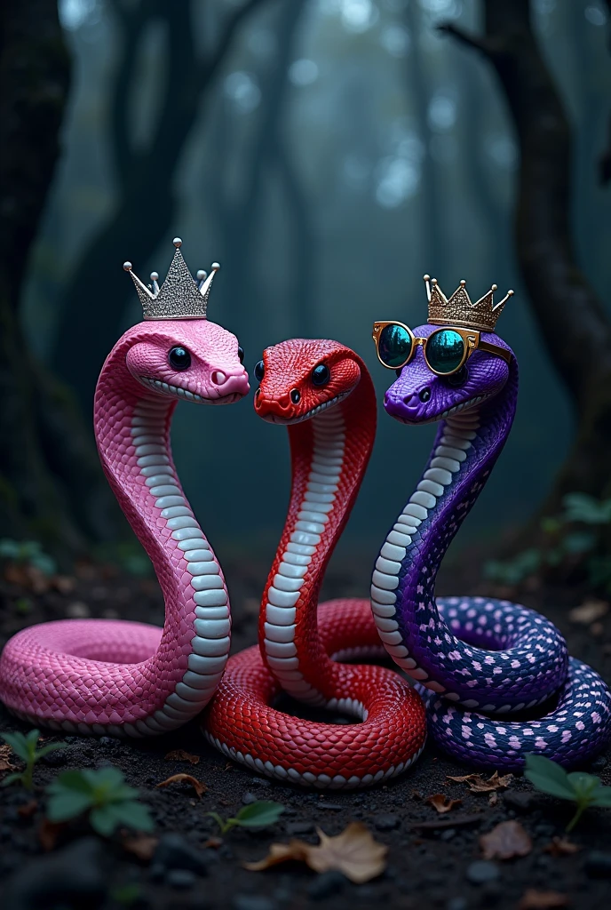 three snakes together like Regina, Karen and Gretchen from MEAN GIRLS.
first one a cottonmouth snake baby pink with a princess tiara.
second one mamba fire red white and black with reflective neorave sunglasses.
third one a rattlesnake deep bright purple with a queen crown.
All Together in a black forest, spitting venom.