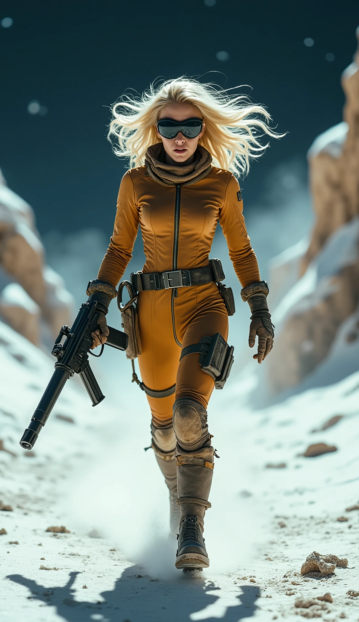Angry sexy Blonde woman space ranger, full body shot head to toe, exploring a dry rocky almost barren ice planet, running 3/4 profile left, holding a long barrol multishot space hunting rifle, ultra blonde white hair, wavy hair, curly hair, sexy hair, large breasts, wearing ultra dusty wornout clothing, convertable helmet visor down showing ultra beautiful mezmerising face, she is wearing a dry dusting looking leather retro hunting outfit consisting of long brown overcoat leather space ranger form fitting body suit and small amounts of future clothing and space tech, action pose hunting, 36k resolution ultra hyper detailed image, photo-realistic, dehaze, dark of night hunting a nocturnal elusive alien carnivorous animal.,space_girl,Explosive dust