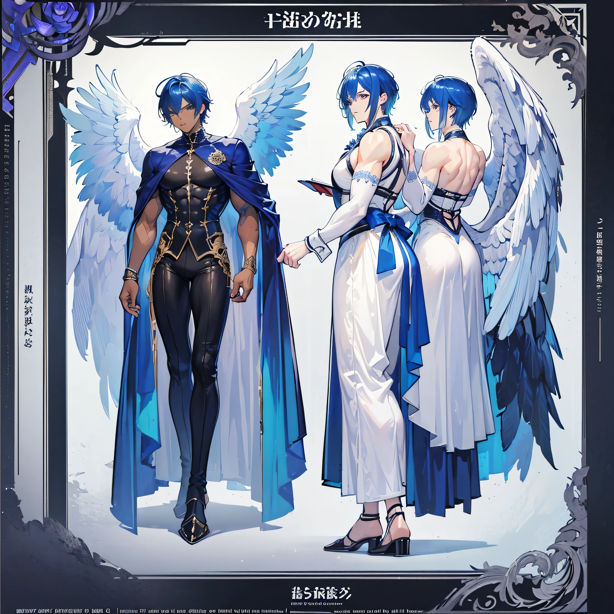 (Masterpiece, best quality), detailed, 1 man, ((character concept art)), ((character design sheet, same character, front, side, back)), full body, body complete, 1 Male angel, 1 Man angel, Detailed face, character design sheet,full bodyesbian, Highly detailed, character sheet, character design, Many parts, dark skin, angel wings, short blue hair, angel outfit, muscle male god, male clothes, masculine, muscle man, male muscle, manly, male angel, Muscle male with short blue hair,beautiful man, beautiful muscle man