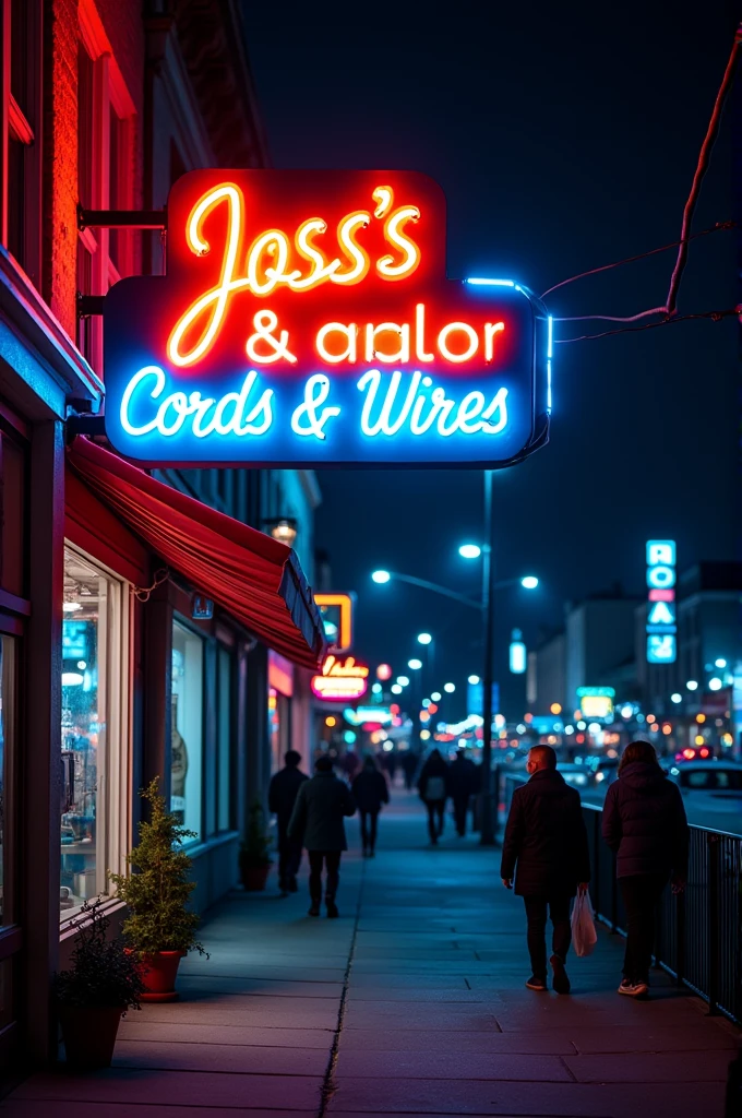 neon sign that says Joss's Cords and Wires