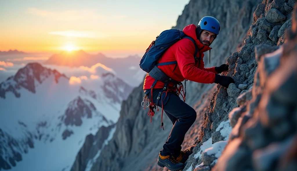 An adventurous figure scaling a steep mountain peak, with the summit just within reach. The scene is bathed in the golden light of sunrise, symbolizing the pursuit of new heights and challenges. The atmosphere is one of determination and achievement. --ar 16:9