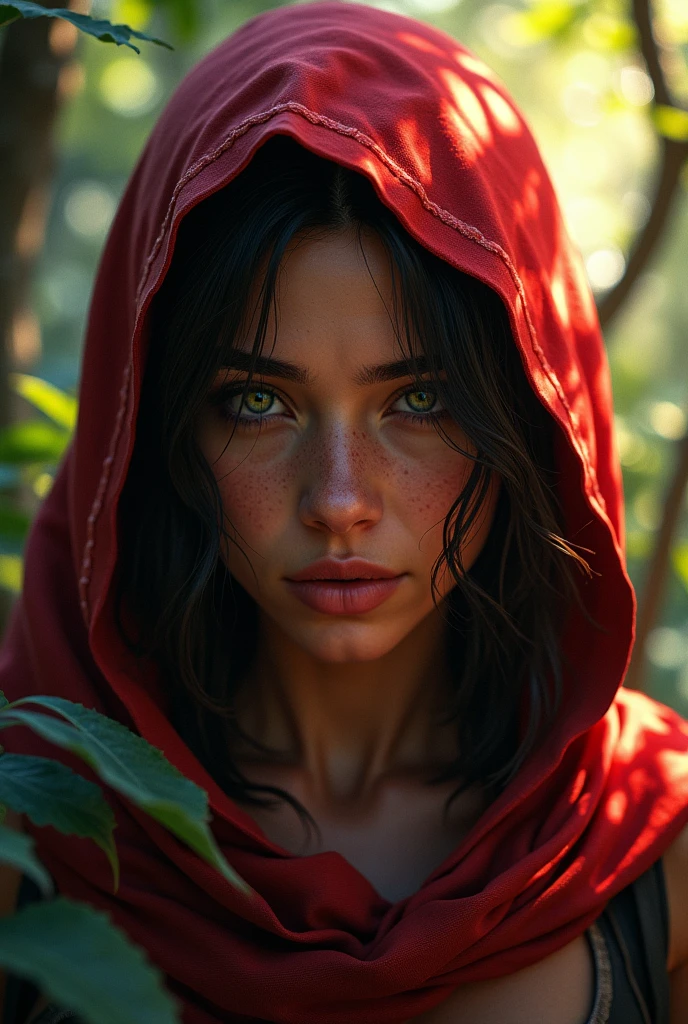 Close-up portrait of New Lara Croft in the forest, (Backlight), Realistic, masterpiece, Highest quality, ((Red hooded cloak)), ((Scared )), Lens flare, Shadow, bloom, (( Flash of light)), [chromatic aberration], by Jeremy Lipking, by Antonio J. Manzanado, by (Alphonse Mucha), Digital Painting