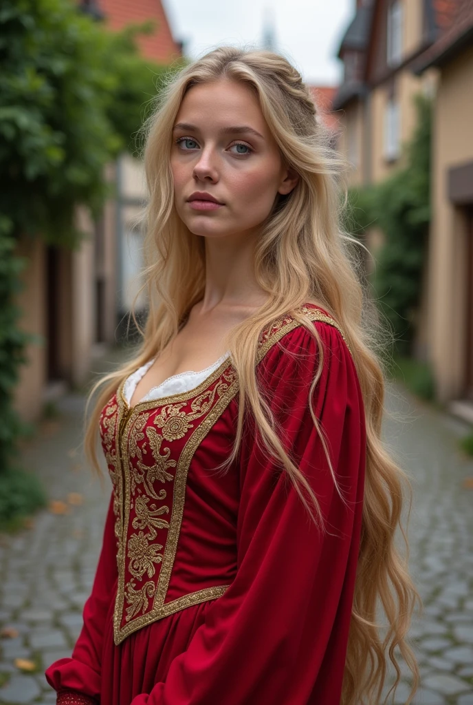 A close-up of a woman in a red dress standing on a cobblestone street, Beautiful lady, beautiful woman, medieval style, dressed in medieval clothing, Ukrainian girl, beautiful blonde girl, karol behind uhd, beautiful nordic woman, hermosa beautiful woman, beautiful lady, very beautiful top model elf, Beautiful lady de fantasía, medieval princess, like a medieval fantasy character