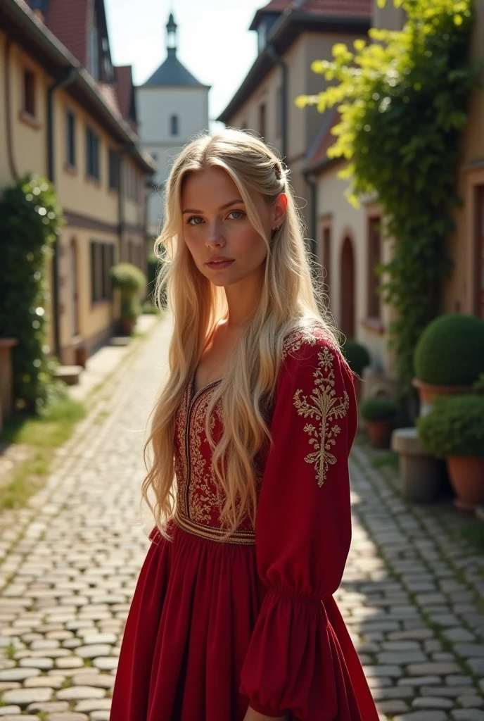 A close-up of a woman in a red dress standing on a cobblestone street, Beautiful lady, beautiful woman, medieval style, dressed in medieval clothing, Ukrainian girl, beautiful blonde girl, karol behind uhd, beautiful nordic woman, hermosa beautiful woman, beautiful lady, very beautiful top model elf, Beautiful lady de fantasía, medieval princess, like a medieval fantasy character