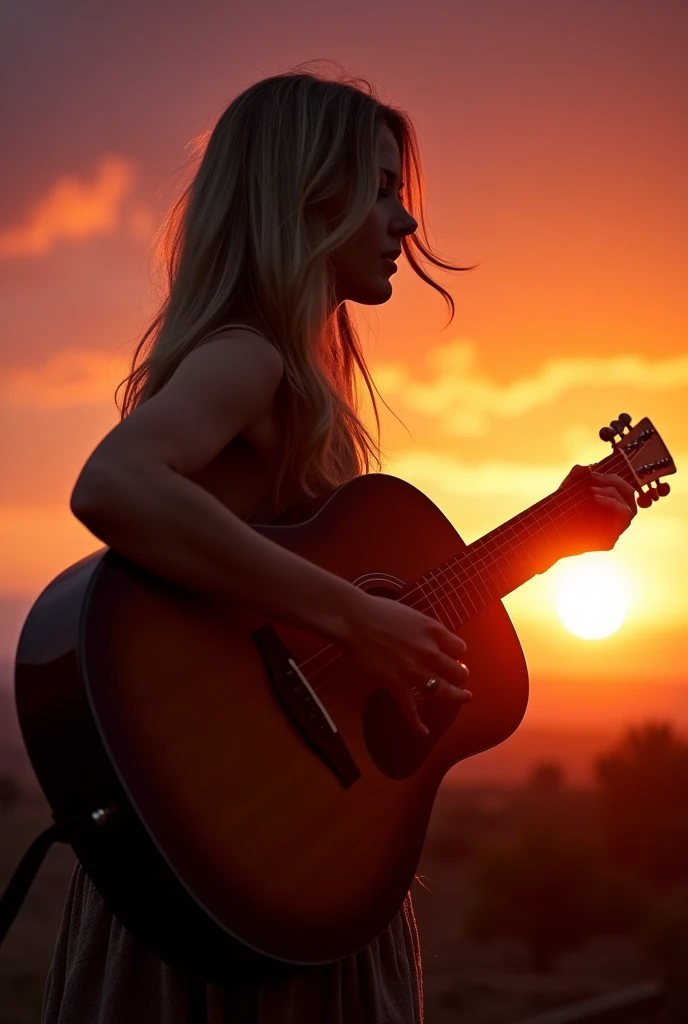 blonde woman, singer, young, no face just silhouette, with a guitar