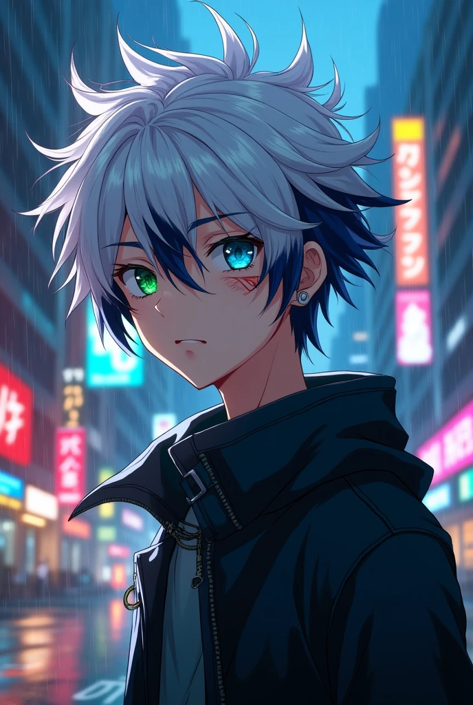 Young man with white hair with black tips, two-colored eyes, tall, and a scar on his eye, anime style.
